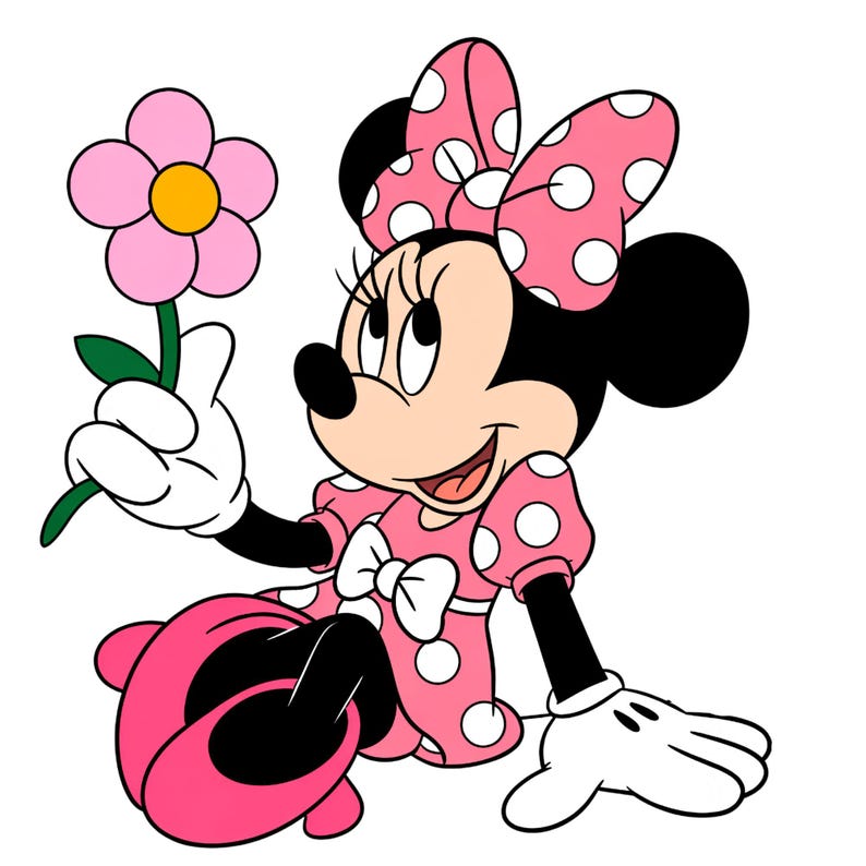 May include: A cartoon character with black ears, a pink dress with white polka dots, and a matching bow, holding a pink flower with a yellow center. The character has white gloves, a light-colored face, and a black nose, depicted in a sitting pose.