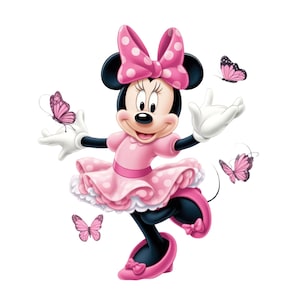 May include: A cartoon mouse character wearing a pink polka-dot dress and a matching bow, with white gloves and pink shoes. The character is surrounded by four pink butterflies, with one butterfly resting on an outstretched white-gloved hand.