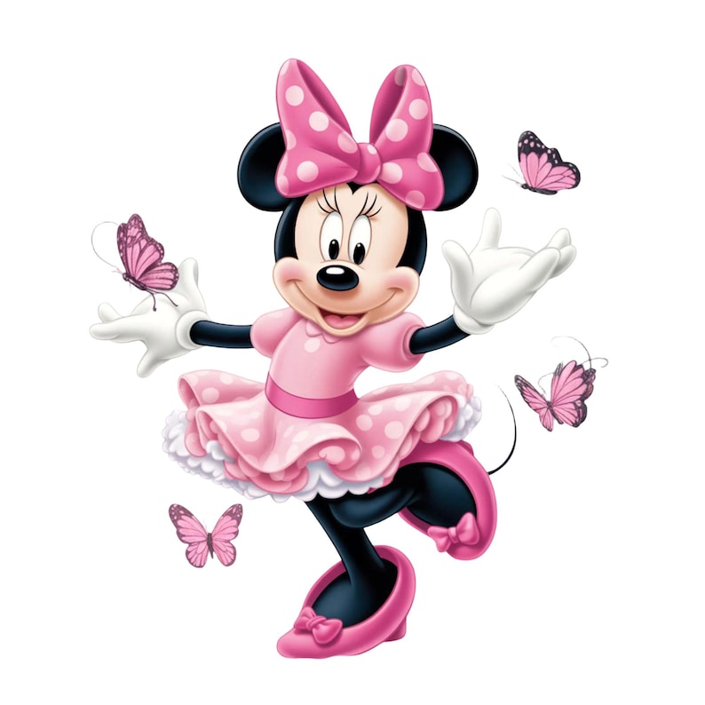 May include: A cartoon mouse character wearing a pink polka-dot dress and a matching bow, with white gloves and pink shoes. The character is surrounded by four pink butterflies, with one butterfly resting on an outstretched white-gloved hand.