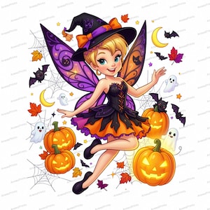 May include: A cartoon fairy wearing a black and orange dress and a matching witch hat, surrounded by jack-o'-lanterns, small white ghosts, purple and orange fairy wings, bats, spiderwebs, yellow crescent moons, and colorful autumn leaves.