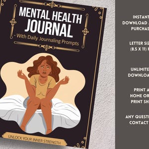 Puede incluir: Un diario de salud mental imprimible con indicaciones diarias para llevar un diario. La portada presenta una ilustración de dibujos animados de una persona sentada en una cama con una expresión de angustia. El texto de la portada dice "Mental Health Journal" y "With Daily Journaling Prompts".