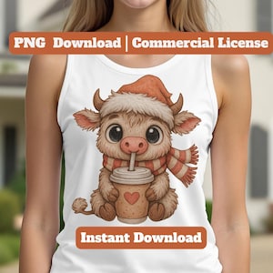 Highland Cow PNG – Cute Baby Christmas Cow Clipart – Holiday Sublimation Design Digital Download for Shirts, Mugs & Gifts