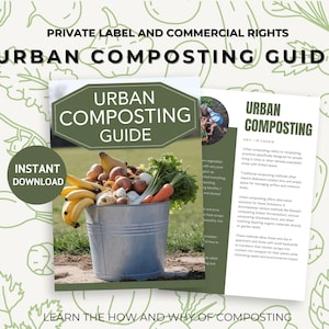 May include: A digital download guide titled "Urban Composting Guide" with a green and white colour scheme. The cover features a metal bucket filled with fresh produce, including bananas, carrots, onions, and other vegetables. The guide is for people who want to learn how to compost in urban areas.