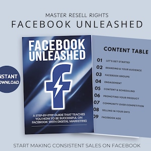 Pode incluir: Uma capa de ebook azul e branca com o título "Facebook Unleashed" e um raio dentro de um logotipo do Facebook "F". A capa também inclui uma tabela de conteúdo com nove tópicos relacionados ao marketing no Facebook.