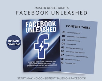 May include: A blue and white ebook cover with the title "Facebook Unleashed" and a lightning bolt inside a Facebook "F" logo. The cover also includes a table of contents with nine topics related to Facebook marketing.