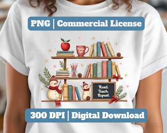 Kerstboekenplank PNG-sublimatieontwerp voor leraren en boekenliefhebbers, lezen leren herhalen vakantie clipart, winter boekenclub shirt kunst