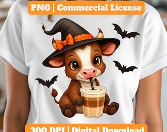 Baby Highland Cow Clipart: Halloween Witch PNG (Digital Download)