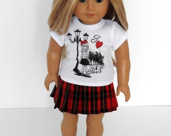 18 Inch Doll Clothes School Girl Pleated Skirt, Graphic T-Shirt, and Shoes