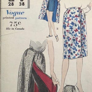 May include: Vintage Vogue printed pattern for skirts. The pattern features illustrations of wrap skirts with various designs, including floral and geometric patterns. The waist size is 28 inches, and the hip size is 38 inches.