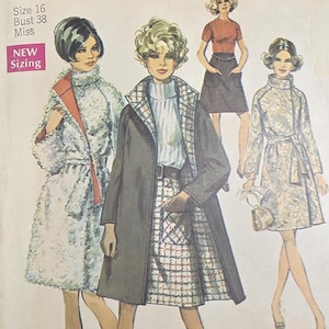 May include: A Simplicity sewing pattern envelope 8503 for size 16, bust 38. The front features illustrations of four outfits including a reversible coat, a skirt, and a top. Text includes 'Simplicity', '8503', 'Size 16', 'Bust 38', 'Miss', 'NEW Sizing', and 'Reversible Coat: suitable for fur fabrics'.
