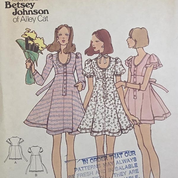 Uncut Vintage 70s Butterick Sewing Pattern 6978 Betsey Johnson Empire Waist Dress Size 14
