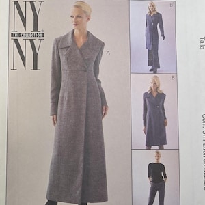 May include: McCall's sewing pattern 2465, size C (10-12-14), featuring NY NY The Collection designs. The envelope displays a long, grey, single-button coat with a wide collar, along with variations including a shorter coat and a top with matching trousers.