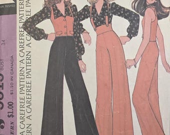 VTG 70s McCall's Sewing Pattern 3813 Misses High-Waisted Pants w/Suspenders, Lined Vest, & Blouse Size 12 CUT