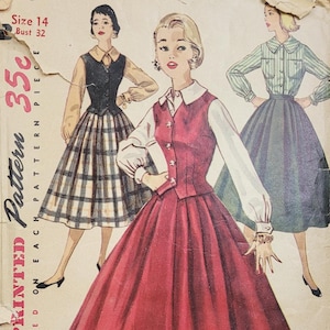 May include: Vintage Simplicity pattern 1259 featuring illustrations of women's dresses. The cover shows a woman in a red dress with a white blouse. The pattern details are printed on the cover, including the size and bust measurements.