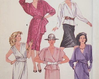 Patrón de costura vintage sin cortar de Simplicity de los años 80, número 6678, para vestido, blusa y falda de mujer, talla 14.