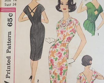 Patrón de costura Simplicity vintage de los años 60, modelo 3820, vestido de mujer con espalda en forma de V, talla 14, corte B34.