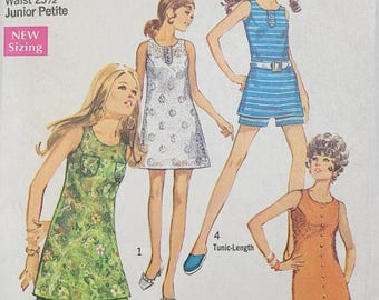 Patrón de costura vintage sin cortar de Simplicity de los años 70, modelo 8757, para vestido sin mangas, maxi midi, túnica, pantalones o shorts, talla 11 Junior Petite B34.