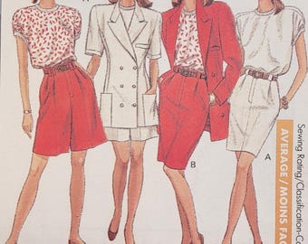 Patrón de costura Butterick vintage de los años 80 sin cortar, número 6449: chaqueta cruzada, top, falda y pantalones cortos, tallas 12-16.