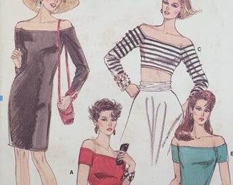 Patrón de costura vintage sin cortar de Vogue de los años 80, número 7189, vestido y blusa de punto con hombros descubiertos para mujer, tallas 10-16.