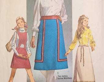 Patrón de costura Simplicity vintage de los años 70, modelo 8965, falda y peto desmontable, talla junior 9/10, cintura 24.