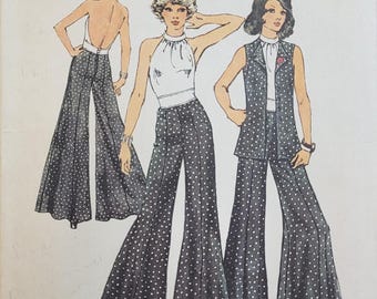 Patrón de costura Simplicity 5611 para mujer, sin cortes, vintage, años 70. Top halter forrado, chaleco sin forro y pantalones palazzo de pierna ancha, talla 12.