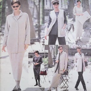 May include: A sewing pattern titled "five easy pieces" featuring multiple outfits. The outfits include a long coat, skirt, vest, and pants in neutral colors. The pattern size is 14-16-18.