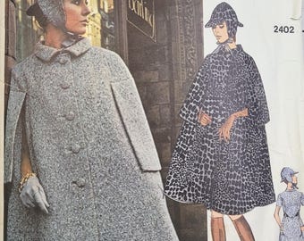 Patrón de costura 2402 de diseño de alta costura de Vogue de los años 70 con capa, vestido y sombrero forrados de Sybil Connolly, talla 14.