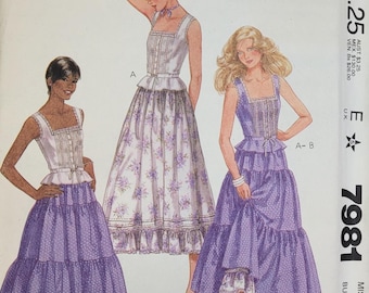 Patrón de costura vintage de los años 80 de McCall's, sin cortar, número 7981, Laura Ashley, top y falda peplum, talla 14.