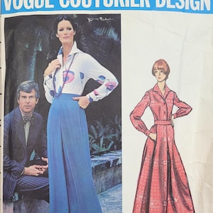 May include: A vintage Vogue Couturier Design sewing pattern featuring a woman in a white floral print blouse and blue pants, and a woman in a red dress. The pattern is labeled "PUCCI" and includes the number 2874.