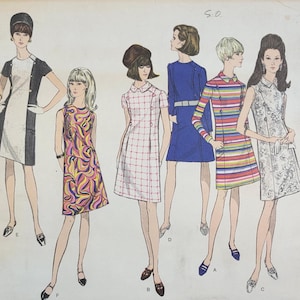May include: Vintage Vogue Basic Dress pattern 1767. The illustration features six women in various dresses. The dresses include a black and white color block dress, a colorful swirl print dress, a pink and white plaid dress, a blue dress, a striped dress, and a floral print dress.