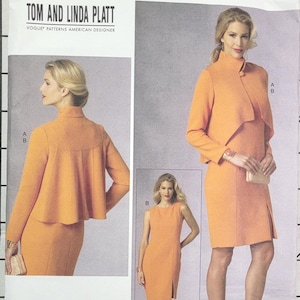 May include: A Tom and Linda Platt Vogue Patterns American Designer sewing pattern envelope V1435, size A5 (6-8-10-12-14). The packaging displays an orange jacket and matching sleeveless dress with a side slit, shown from front and back views.