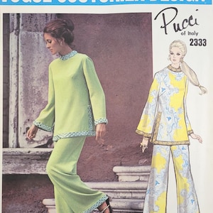 May include: Vintage Vogue Couturier Design sewing pattern featuring a Pucci of Italy design. The pattern includes a lime green pantsuit with bell sleeves and a matching top, and a yellow and blue patterned outfit. The pattern number is 2333.