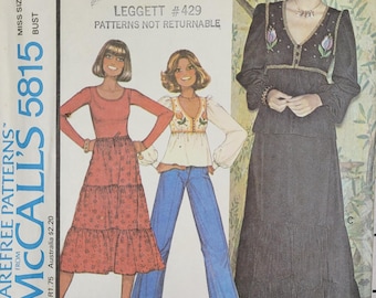 Uncut Vintage 70s McCall's Sewing Pattern 5815 Misses Boho High-Waisted Top & Tiered Skirt in Two Lengths Embroidery Transfer Size 12 B34