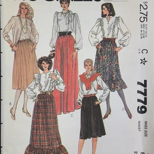 Uncut Vintage 80s McCall&#39;s Sewing Pattern 7779 Misses Gathered Skirts with Pockets Maxi Midi Prairie Ruffle Hem Size 8 Waist 24