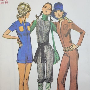 May include: Illustration of three women in 1970s fashion. The woman on the left wears a blue jumpsuit with a yellow collar and pockets. The center woman wears a gray knit jumpsuit with a green turtleneck. The woman on the right wears a brown jumpsuit.