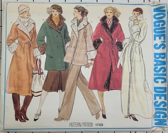 Uncut Vintage 70s Vogue Basic Design Sewing Pattern 1769 Misses Wrap or Double-Breasted Coat Two Lengths Faux Fur or Quilted Lining Size 10