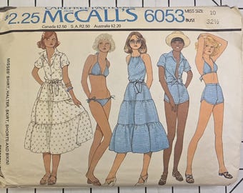 Vintage 70s McCall's Sewing Pattern 6053 Misses Halter, Shirt, Shorts, & Bikini Size 10 CUT