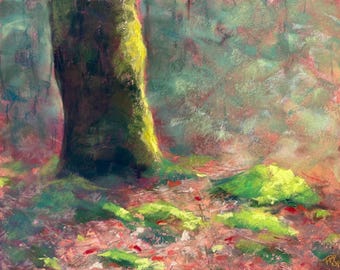 Mossy forest floor, soft pastel painting