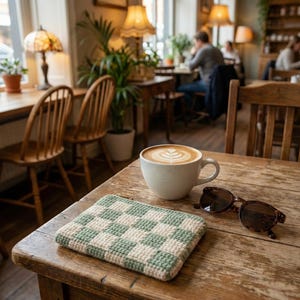 Handmade crochet cosmetic bag on a cafe table with coffee and sunglasses