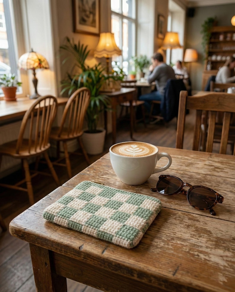 Handmade crochet cosmetic bag on a cafe table with coffee and sunglasses