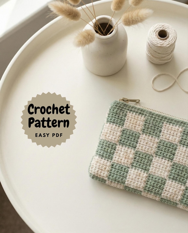 Checkered crochet makeup bag pattern PDF in sage green and cream cotton yarn