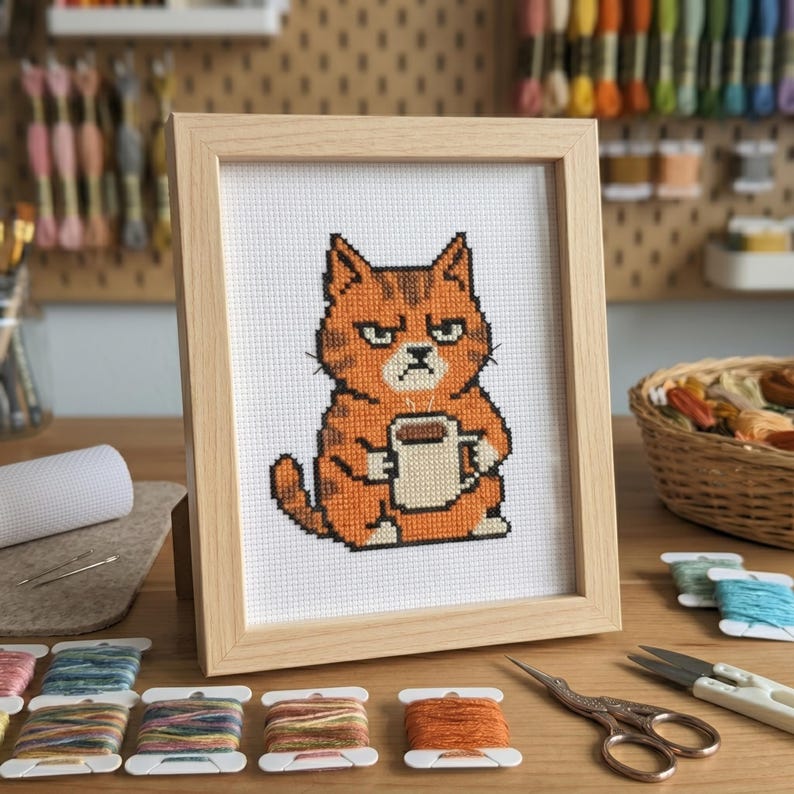 Funny Cat Cross Stitch Pattern PDF, Beginner Coffee Cat Chart - Etsy