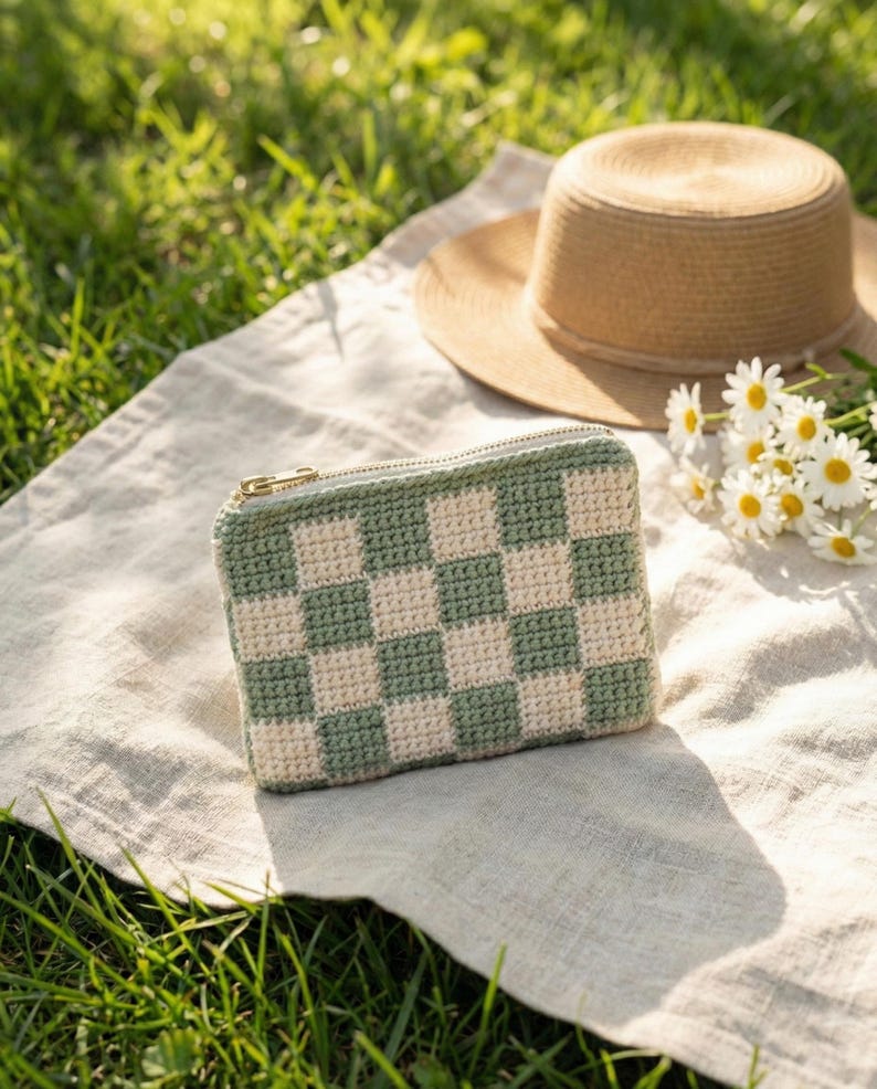 Tapestry crochet checkered pouch on a linen picnic blanket outdoors