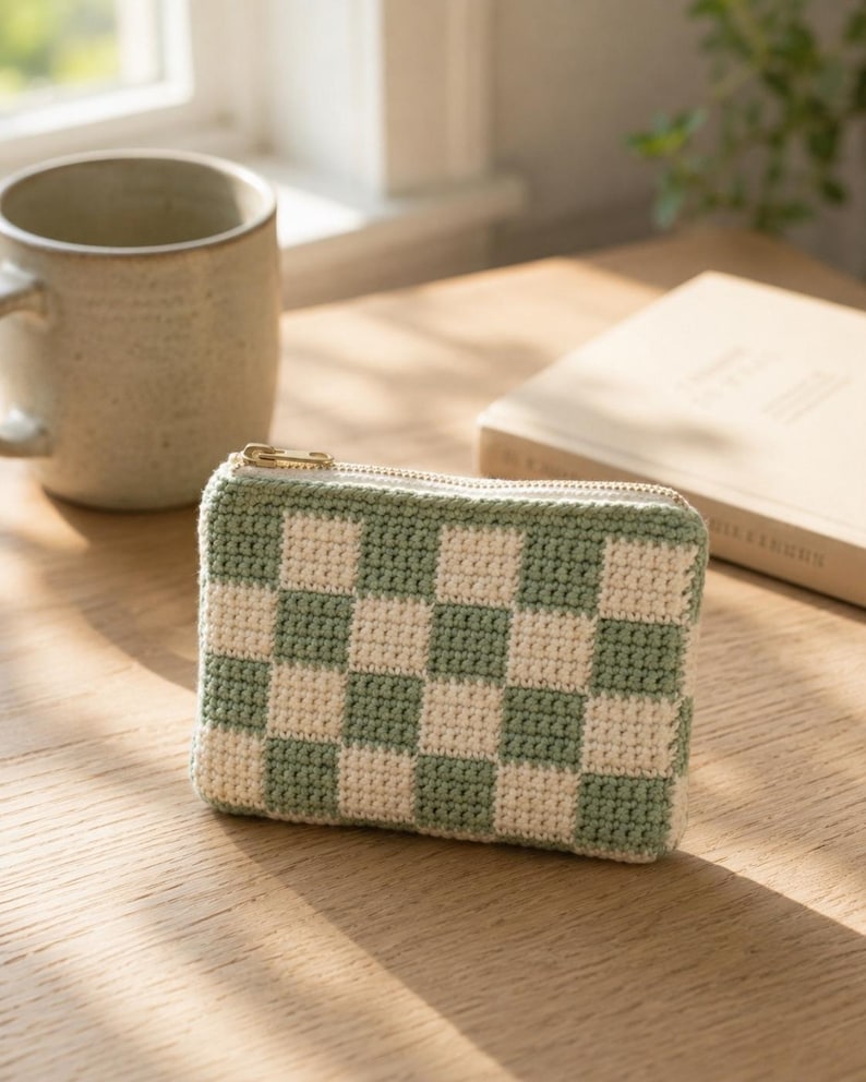 Beginner friendly crochet clutch bag next to a mug and an open book