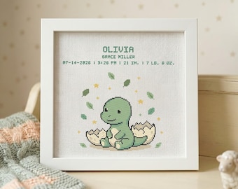 Personalized Baby Dinosaur Cross Stitch Pattern, Birth Announcement Sign (PDF Download)