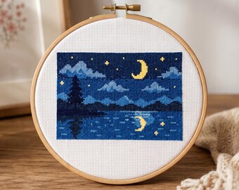 Cross Stitch Pattern PDF, Mini Moonlit Lake Night Sky Design