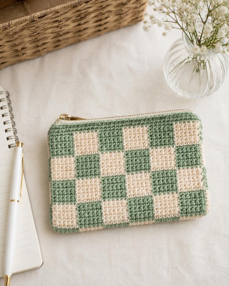 Sage green checkered crochet purse styled with a notebook and dried flowers