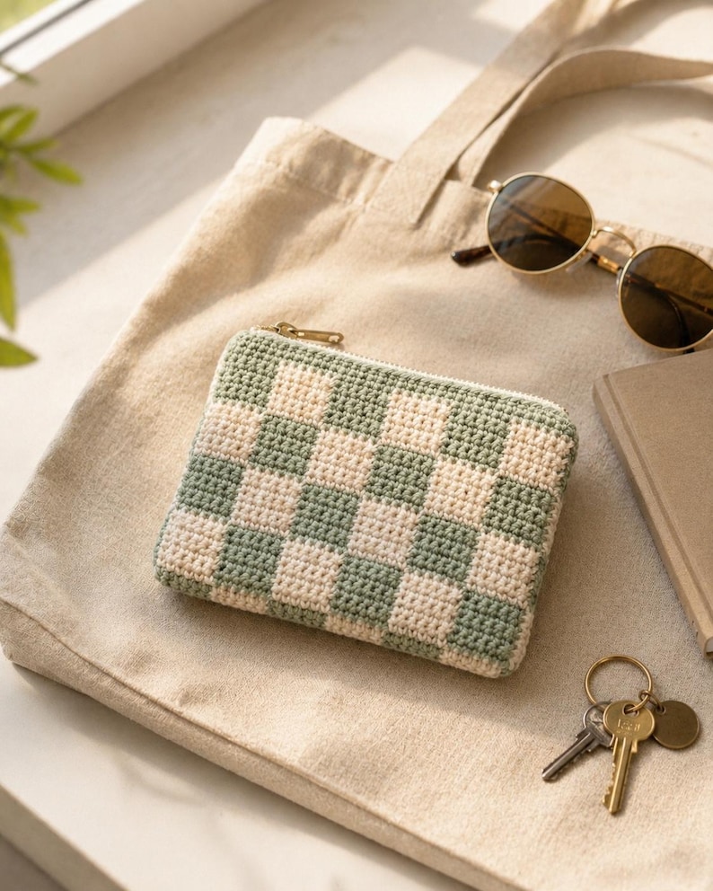 Crochet zipper pouch as a small travel bag with sunglasses and a tote