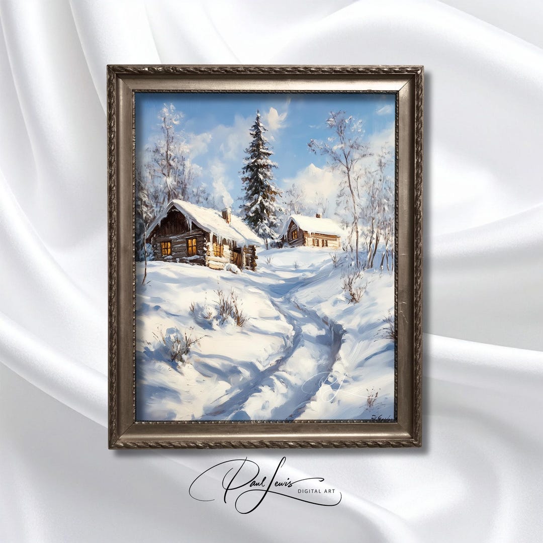 Rustic Mountain Forest With Cabins Oil Painting - Cozy Winter ...