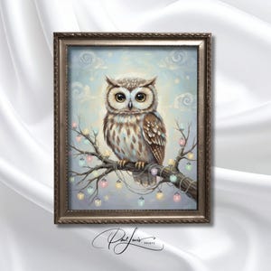 May include: A framed print of an owl perched on a branch adorned with colorful lights. The owl has large, expressive eyes and detailed brown and white feathers. The background features a soft blue sky with clouds and stars. The print is signed "Paul Lewis Prints".